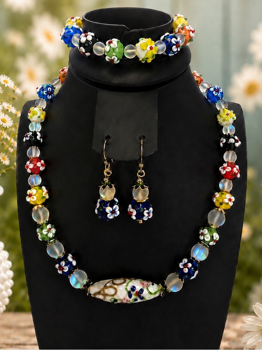Bumpy Lampwork Floral Glass Multicolor Beaded Necklace, Bracelet & Earring Set - Picture 1 of 4